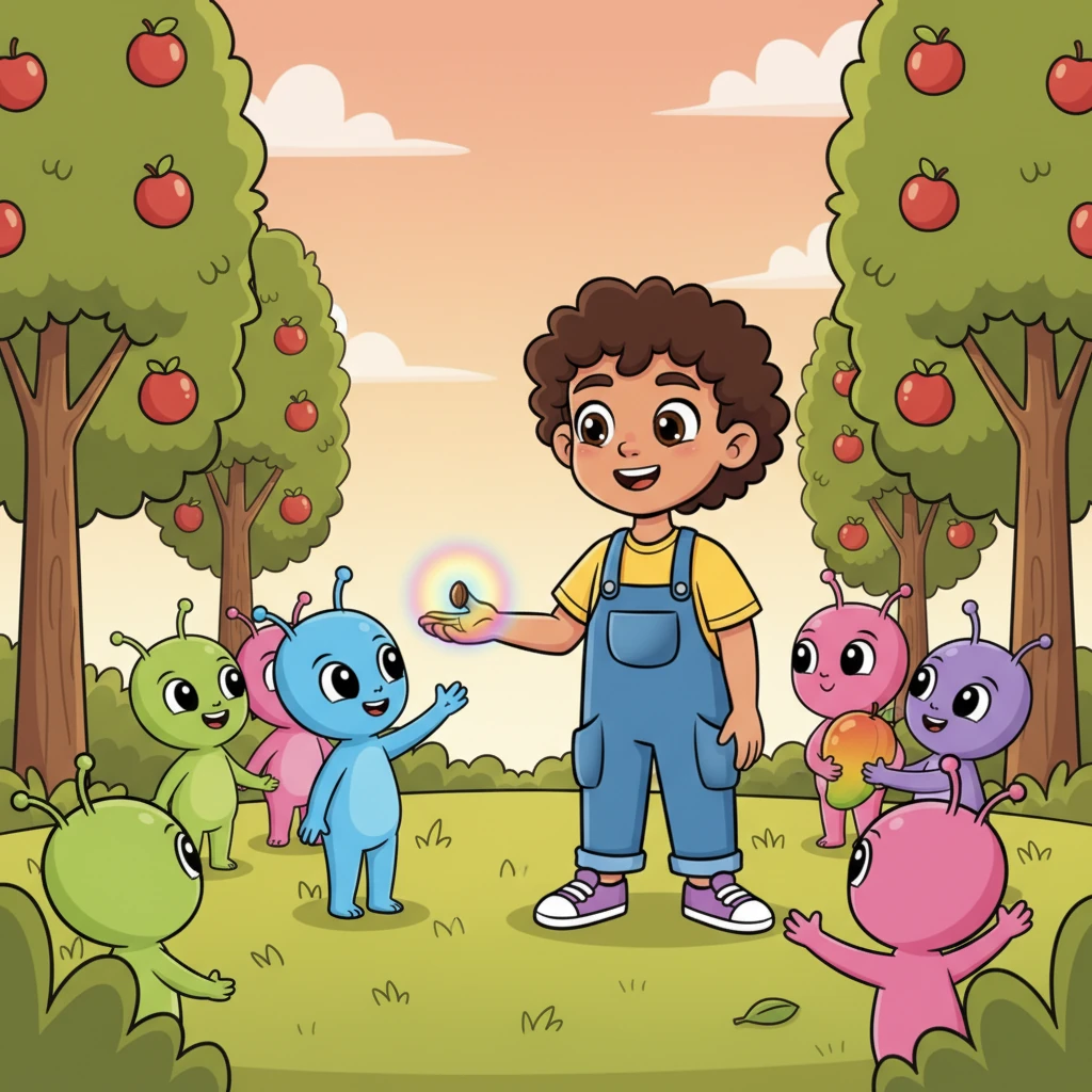 The aliens chirped with overwhelming joy, a chorus of happy sounds filling the orchard. They gratefully accepted the mango, passing it around to share, their faces lighting up with pure delight. In return, the blue alien offered Leo a tiny, glowing seed, pulsing with soft, rainbow colors.