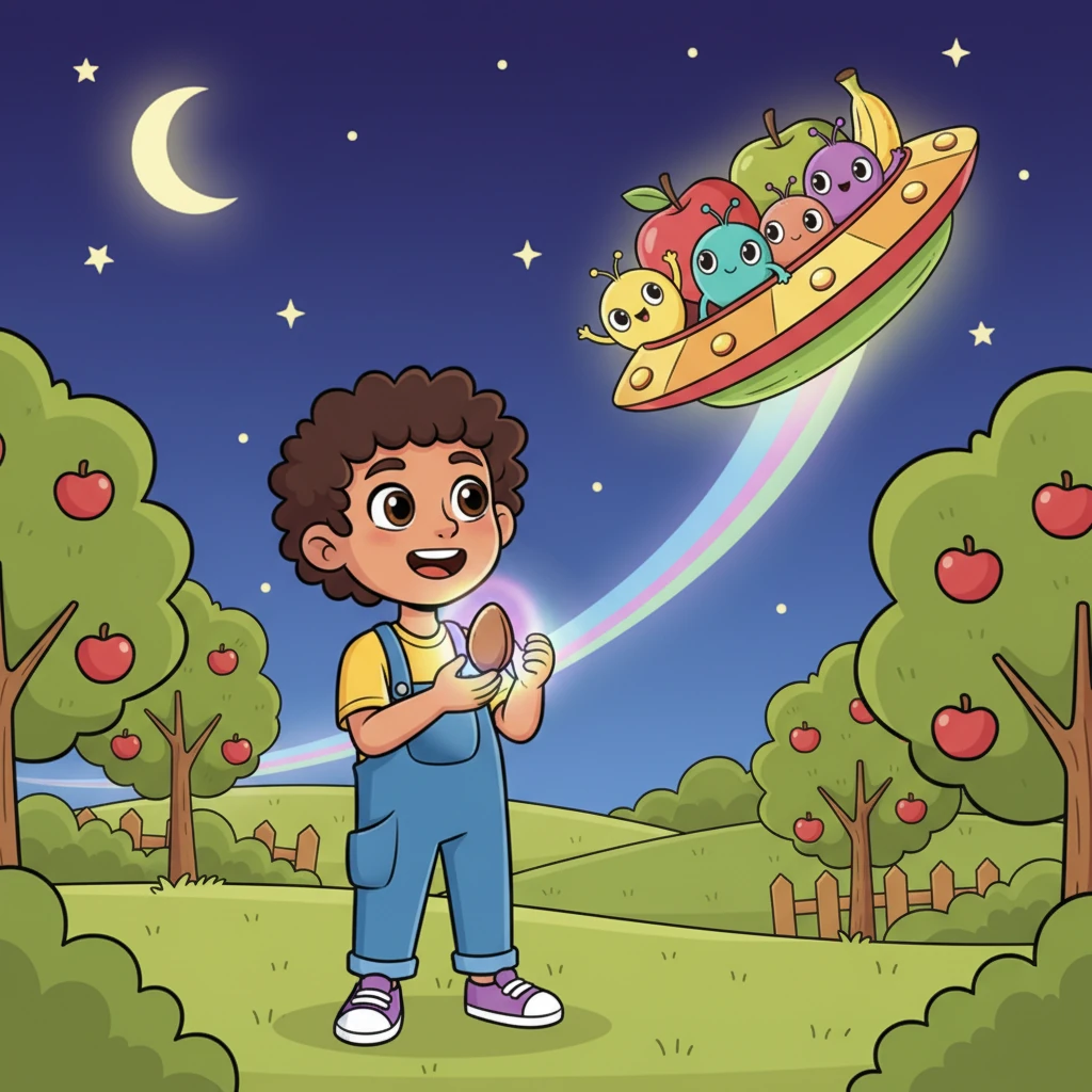 With grateful chirps and friendly waves, the aliens rolled back into their spaceship. The fruit-shaped craft gently lifted into the sky, shimmering brightly as it ascended, leaving behind a trail of soft, colorful light. Leo stood in the orchard, holding his magical glowing seed, a new friend in his heart and a wonderful story to tell.