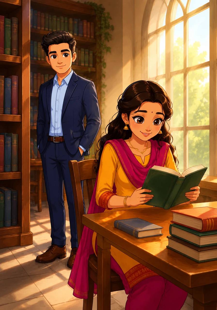 Arjun first saw Meera in the quiet corner of a sun-drenched library, her eyes focused intently on a classic novel. The soft light filtered through the windows, casting a golden glow on her face that he knew he would never forget.