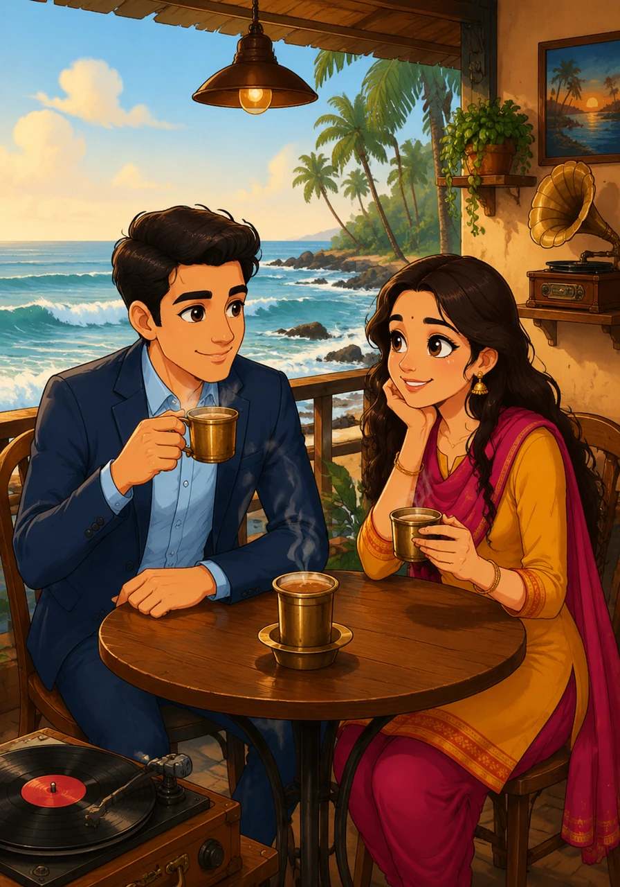 Their first real conversation happened over steaming cups of filter coffee at a small seaside cafe. As the aroma of roasted beans filled the air, they discovered a shared love for old music and the rhythmic sound of the crashing ocean waves.