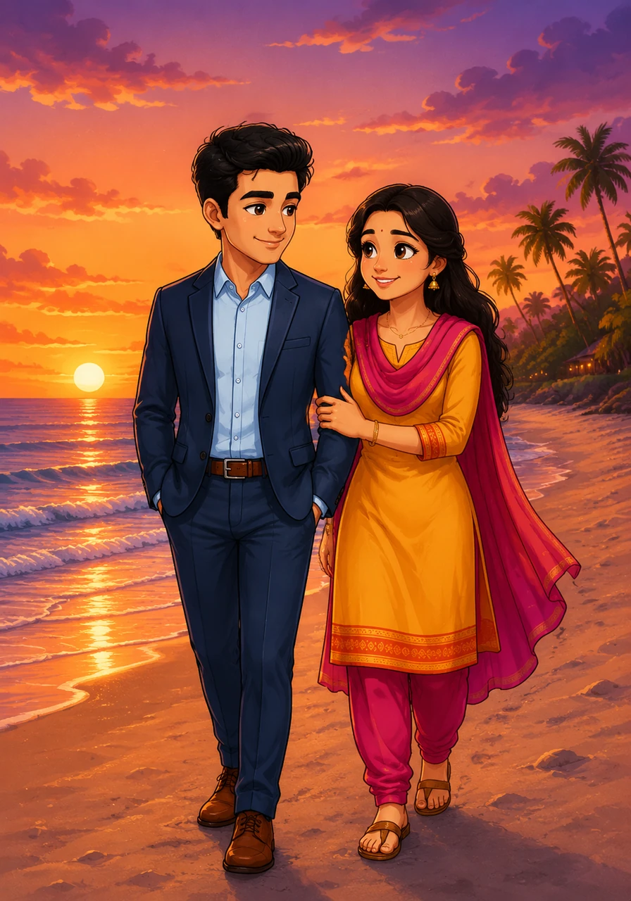They spent long, peaceful evenings walking along the sandy shores of the beach as the sun dipped below the horizon. The vibrant orange and purple hues of the sky mirrored the blossoming warmth and affection growing in their hearts.