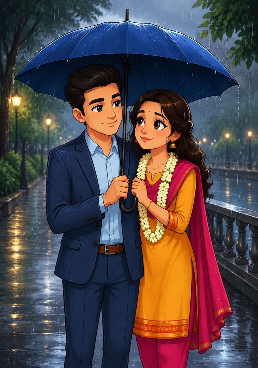 When a sudden monsoon downpour caught them by surprise, they huddled together under a single blue umbrella. The rhythmic sound of raindrops on the fabric created a private world where only the two of them existed in that perfect moment.