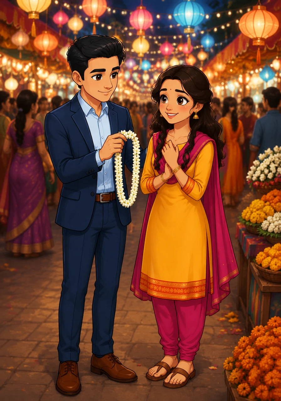 During the vibrant town festival, they navigated through crowds of colorful stalls and bright hanging lanterns. Arjun bought a simple jasmine garland for Meera, its sweet, traditional scent lingering between them like a silent promise of devotion.