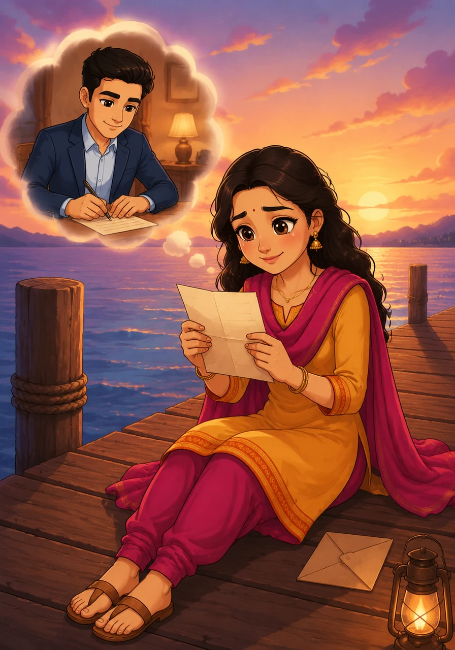 Meera spent her lonely afternoons sitting on the wooden pier, clutching a handwritten letter Arjun had sent her. Every ink-stained word on the paper felt like a sturdy bridge crossing the vast distance between their two separate worlds.