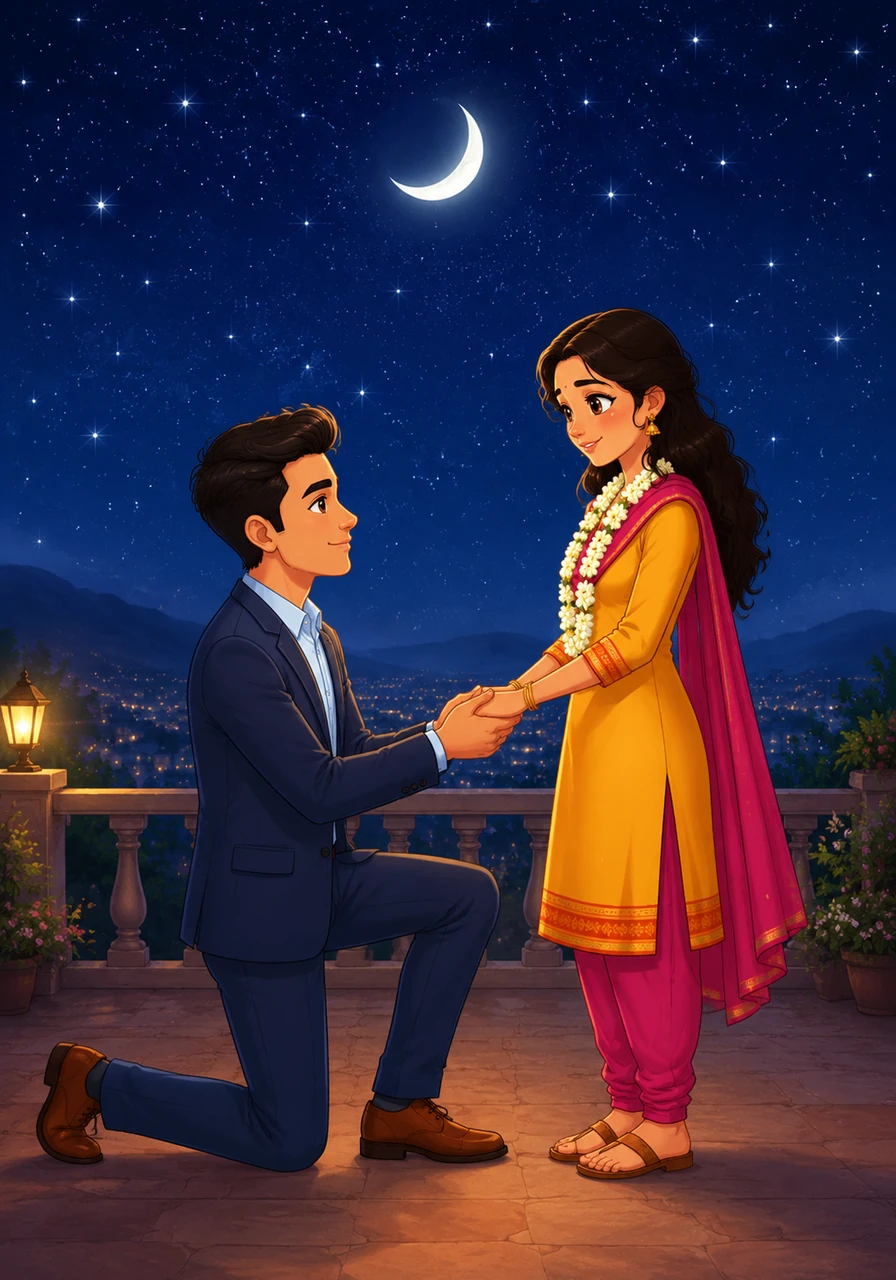 Under a vast canopy of twinkling stars and a silver crescent moon, Arjun finally found the courage to speak the words he had carried in his heart. He took her hand gently and promised that his love would always be a safe sanctuary for her.
