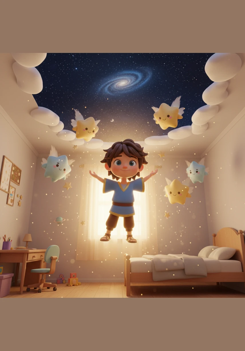 With a brave heart, Atlas promised to help his celestial friend. Suddenly, his room filled with a soft, golden glow, and he felt himself being lifted gently into the air, floating upward toward the vast expanse of the night.