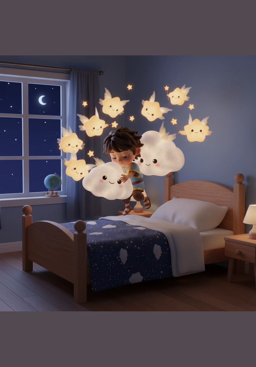 Atlas floated back down to his cozy bed, feeling a warm glow in his own heart. As he drifted off to sleep, the stars above gave an extra-special twinkle just for him, lighting up the world with newfound joy.