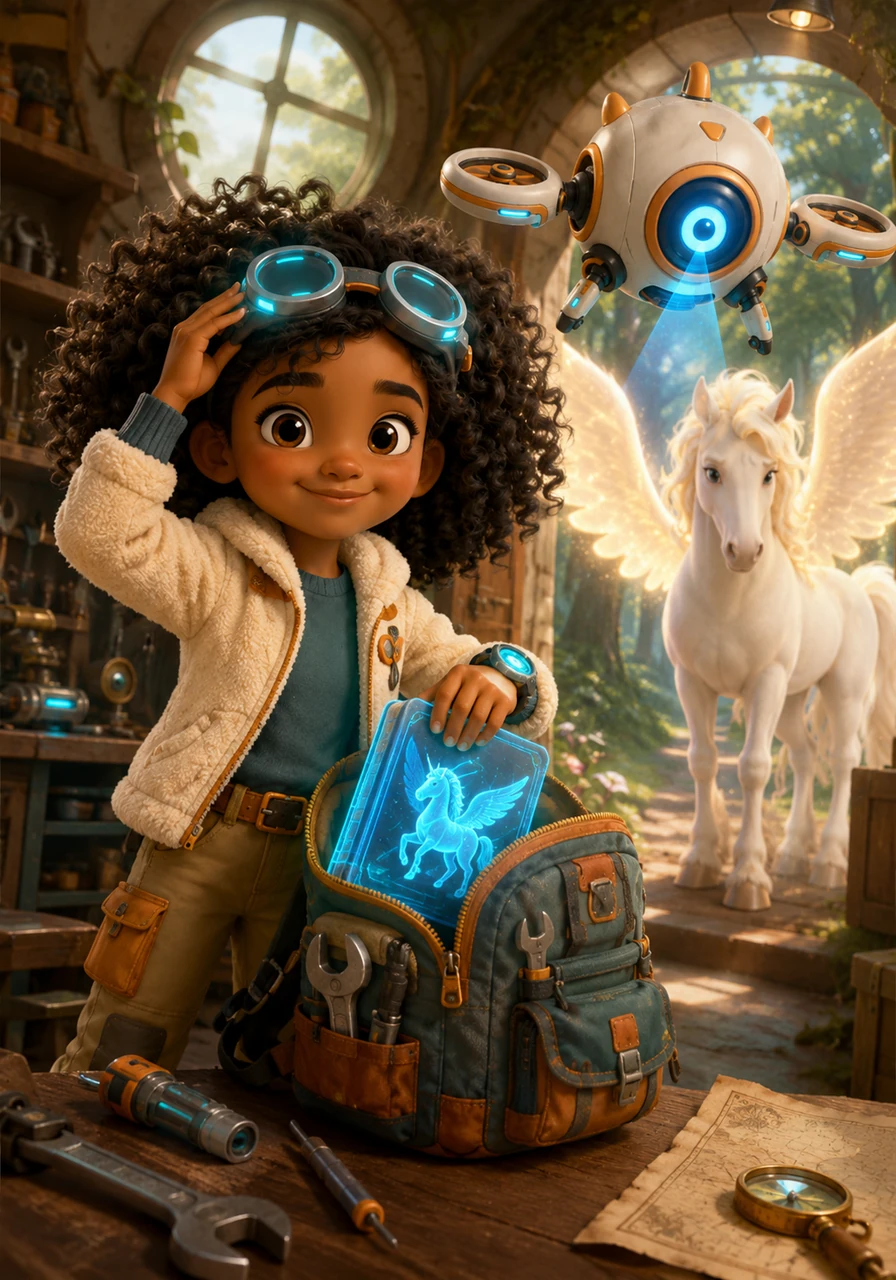 Sasha adjusted her glowing techno-goggles, her bouncing black curls catching the light of her workshop. She packed her backpack with handy tools and her favorite holographic book of mythical creatures, ready for an adventure in the mysterious Whispering Woods.