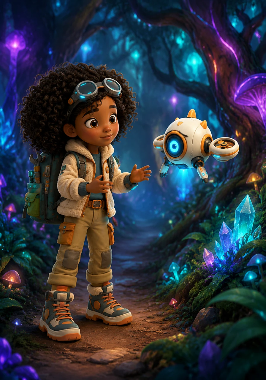 Deep in the forest, the trees glowed with soft, neon lights. Sasha followed a strange clicking sound and found a tiny, floating robot drone that looked lost, its digital eye blinking sadly.