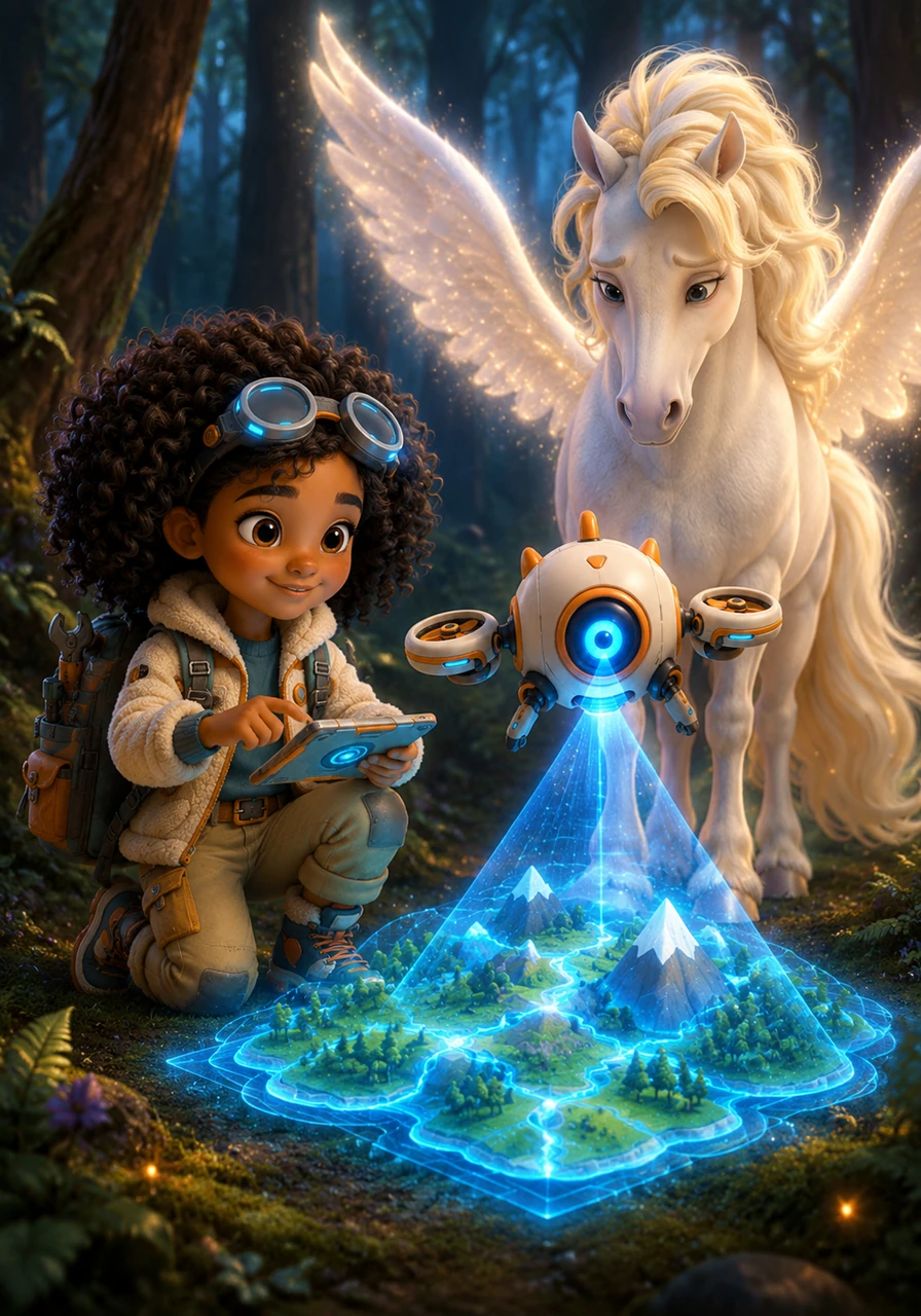 Sasha knelt down and gently tapped her tablet to rewrite the little drone's broken code. With a happy whir, the drone zoomed into the air, projecting a bright hologram map that pointed deeper into the woods.