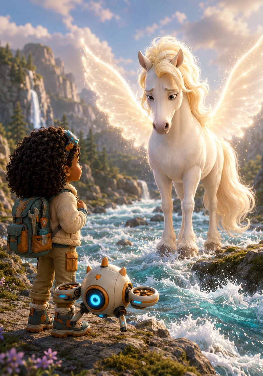 Following the hologram, Sasha and her new drone friend arrived at a sparkling, crystal river. There she met a magnificent, shimmering Pegasus with wings made of soft light, looking worriedly at the fast-flowing water.