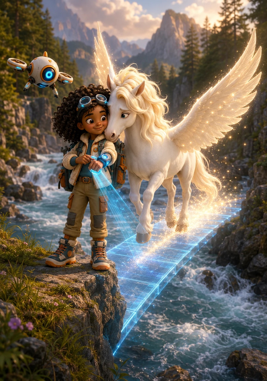 Sasha used her tech-bracelet to build a sturdy, glowing light-bridge across the rushing river. The Pegasus nuzzled Sasha gratefully before galloping across, leaving a trail of stardust in the air.