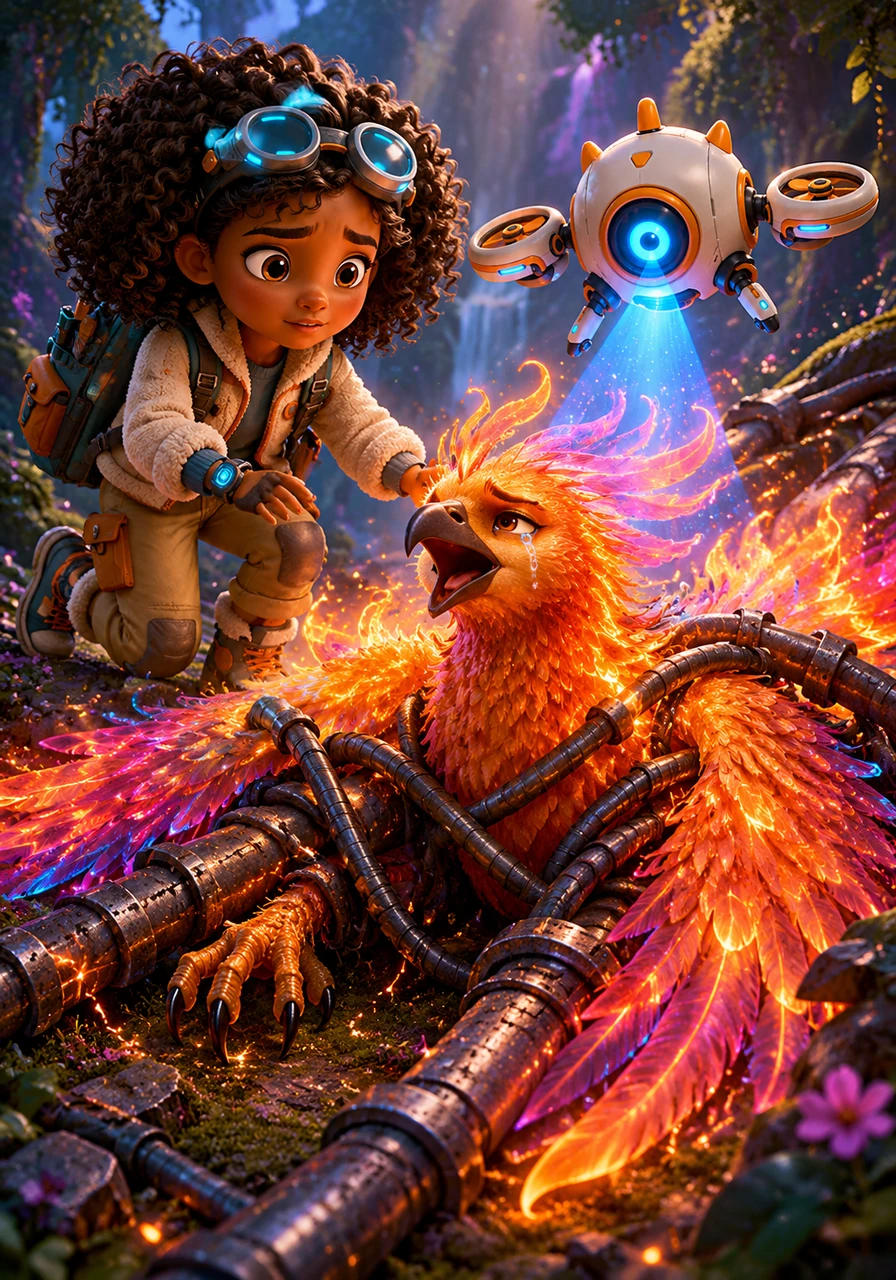 The drone guided Sasha to a hidden glade where a beautiful, fiery Phoenix sat trapped under heavy, fallen metallic cables. The poor bird's neon feathers were dimming, and it let out a soft, sad cry.