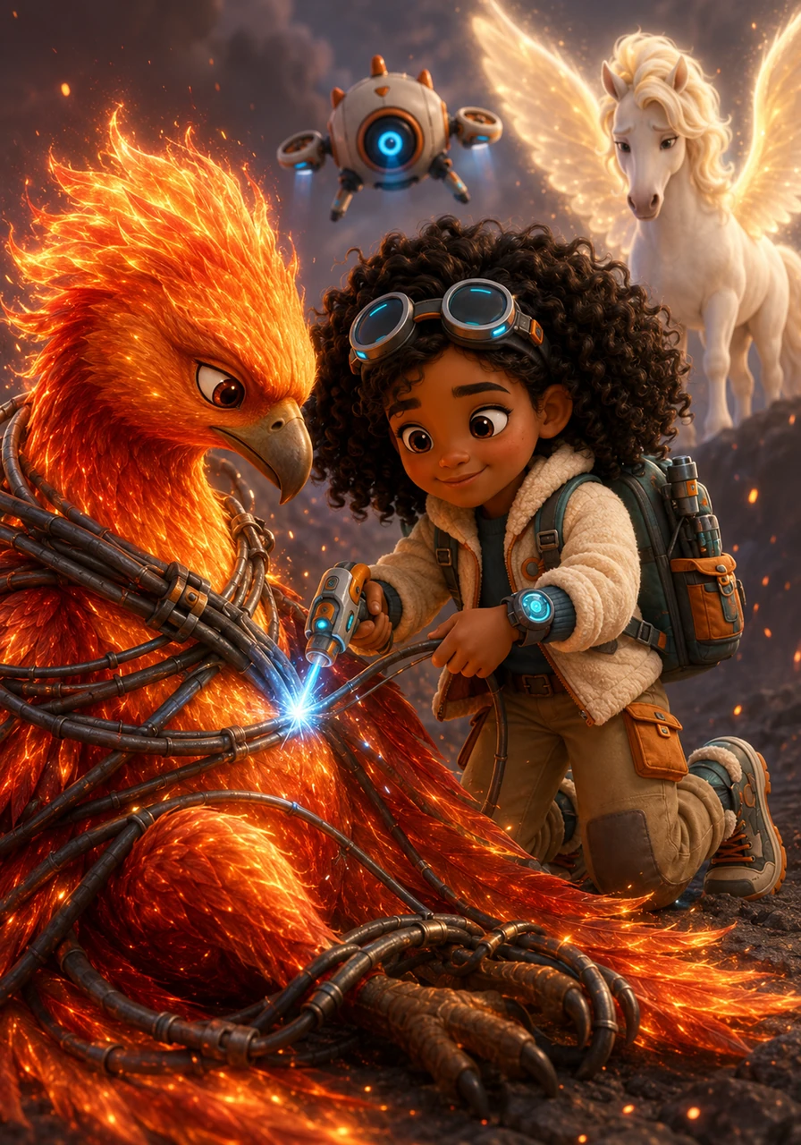 Instead of running away, Sasha approached the fiery bird with a warm, gentle smile. She used her specialized laser-tool to safely and carefully slice through the metallic cables without hurting the creature.