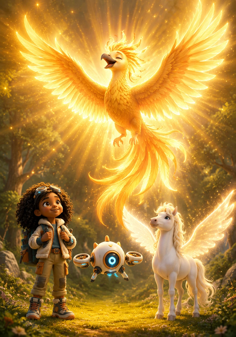 Free at last, the Phoenix burst into brilliant, warm light, healing the scratches on its wings with its own magical glow. It soared happily around the clearing, singing a song that sounded like beautiful chimes.