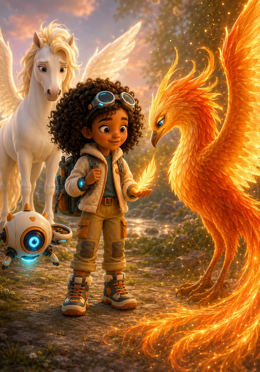 The grateful Phoenix landed softly next to Sasha, nudging her hand and leaving a glowing, warm feather in her palm. Sasha realized that using her technology to help others was the greatest adventure of all.