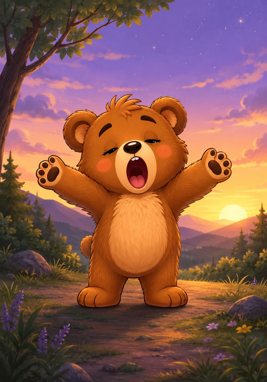Oliver the little bear stretched his fluffy arms and gave a wide, sleepy yawn. The sun was slipping behind the hills, painting the sky in soft shades of lavender and gold. It was time for bed, but Oliver wanted to find the coziest spot in the whole wide world.