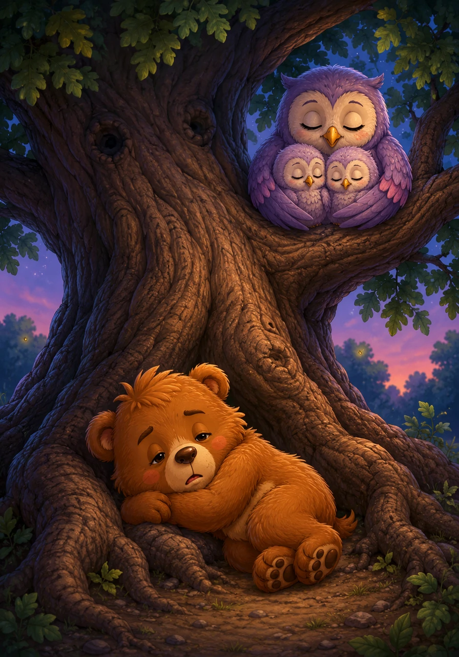 He waddled over to a giant, ancient oak tree where Mrs. Owl was gently rocking her babies. The rustling leaves whispered a soft lullaby in the evening breeze. Oliver curled up at the root, but the ground felt just a little too bumpy for his sleepy head.