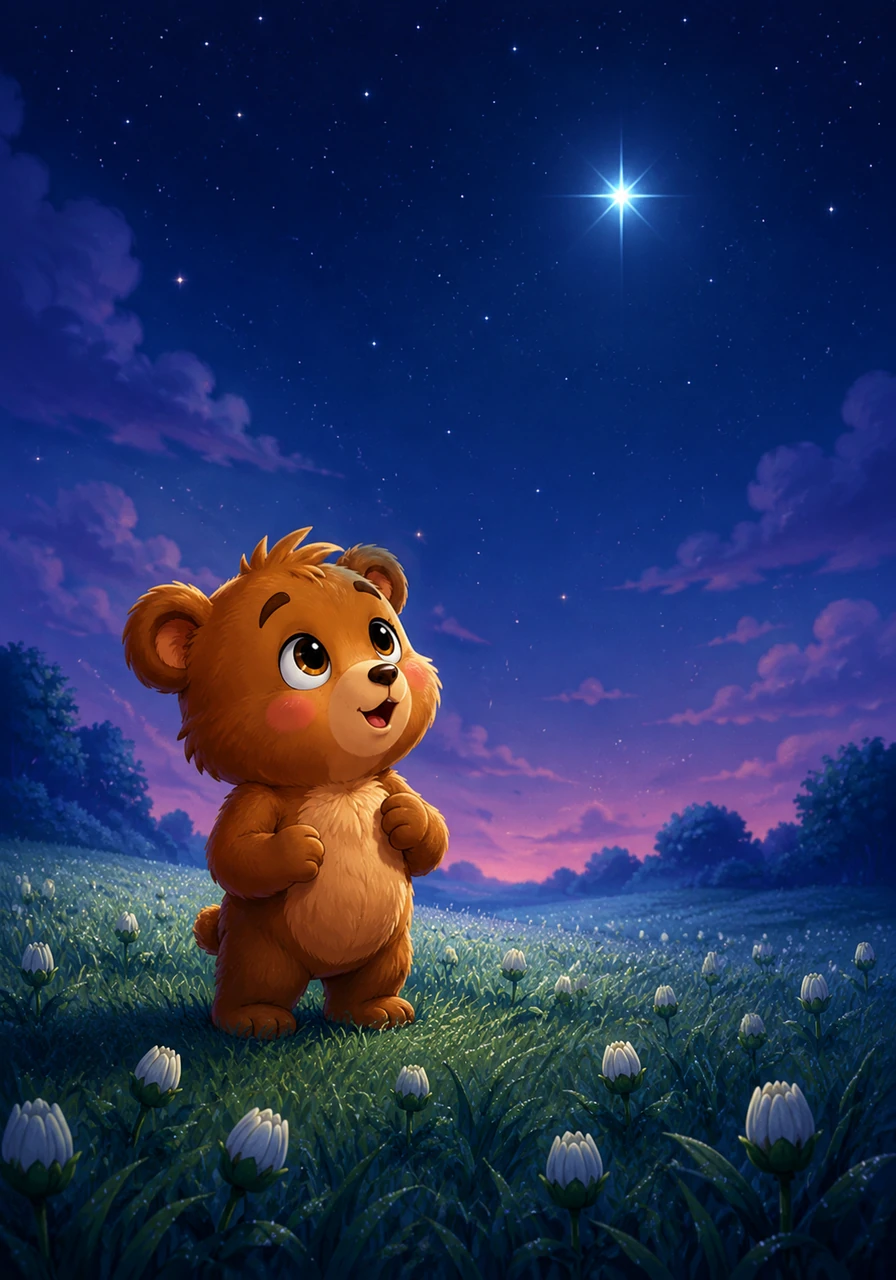 Oliver looked up and saw the first evening star twinkle like a tiny diamond. He decided to follow its silver light across a meadow of sleepy, closed-up daisies. The grass felt cool and damp against his paws, urging him forward on his bedtime quest.