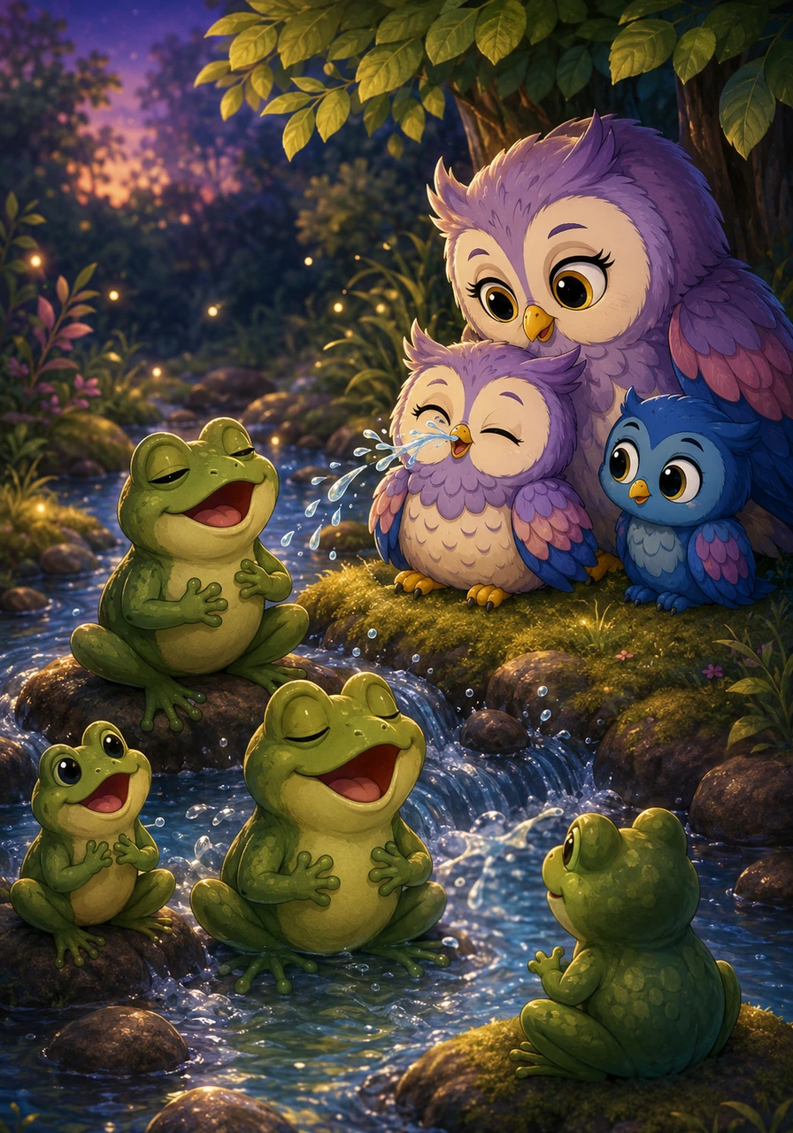 By the edge of a bubbling brook, a family of frogs was singing a rhythmic, low-toned bedtime song. Oliver rested near the soft moss, listening to the soothing water splash over smooth stones. He closed his eyes, but the playful splashes kept tickling his nose.