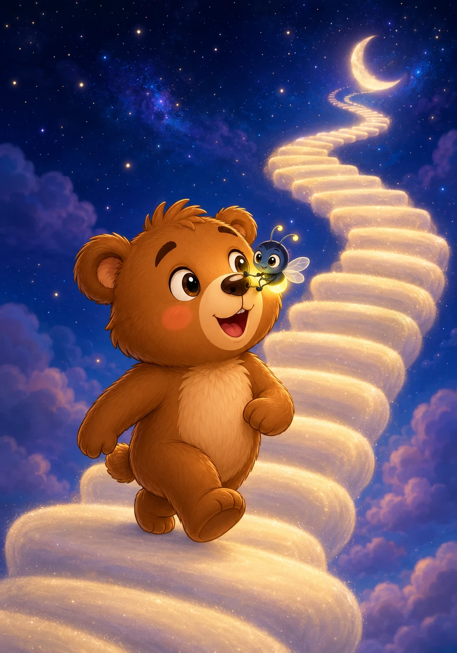 Suddenly, a friendly, glowing firefly named Pip drifted down and landed on Oliver's nose. Pip offered to show Oliver a secret path that led right up into the velvety night sky. Together, they climbed a staircase made of soft, shimmering moonbeams.