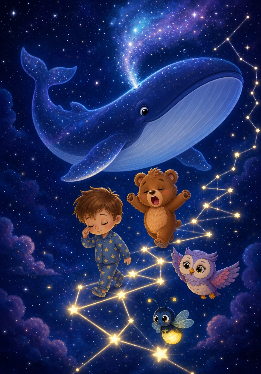Up in the sky, Oliver walked among the gentle, glowing constellations. A friendly cosmic whale floated past, blowing a mist of sparkling star-dust into the air. Oliver felt lighter and sleepier with every step he took across the cosmic playground.