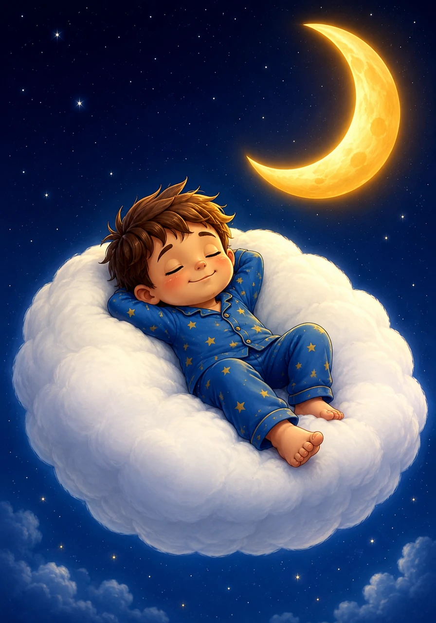 In the heart of the night sky, Oliver found a perfectly round, fluffy white cloud that looked just like a giant marshmallow. The cloud drifted lazily, cradled by the warm glow of the crescent moon. Oliver climbed aboard and sank into the softest cushion he had ever felt.