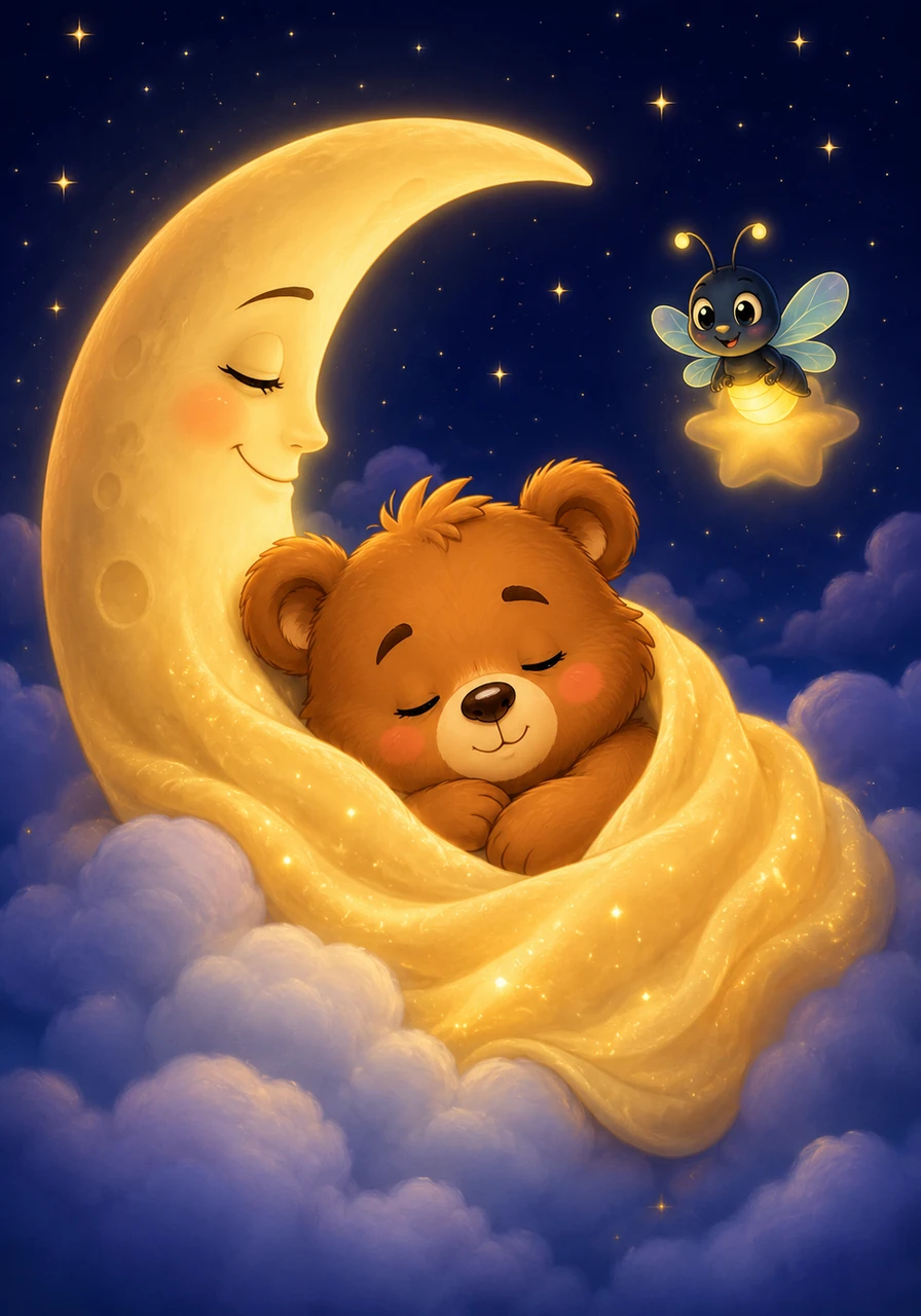 The crescent moon leaned down and wrapped a warm, golden blanket of light all around the little bear. Pip the firefly settled on a nearby star, glowing faintly like a comforting nightlight. Oliver nestled deep into the cloud, his eyelids growing heavier and heavier.