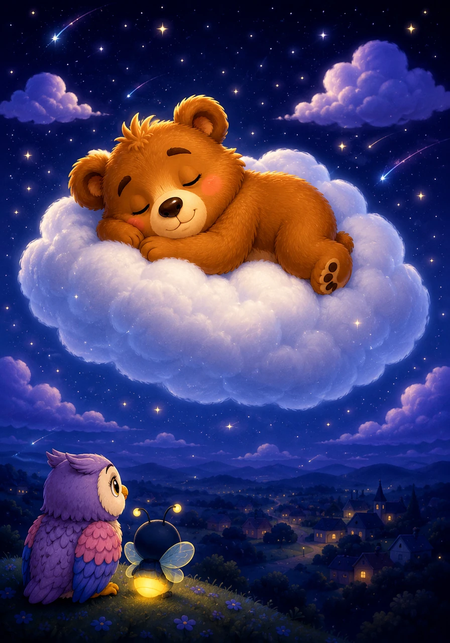 Oliver drifted off into a deep, beautiful sleep, floating safely on his cloud through a sea of sweet dreams. Down below, the world was quiet and still, watching over the little bear as he slept until morning. Goodnight, Oliver, and sweet dreams to all.