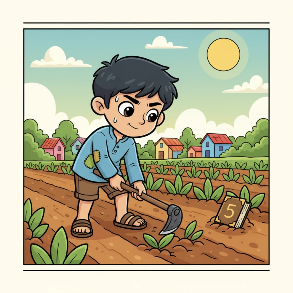 Young Raju, with a determined glint in his eye, toils under the bright sun in the fields. His worn clothes show his poverty, but a small, tattered book tucked nearby hints at his secret passion for learning. He dreams of a better future for his village.