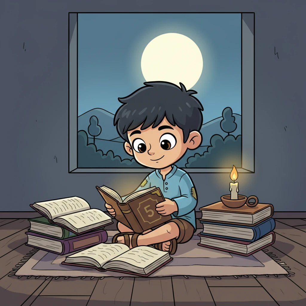 As the moon casts a gentle glow, Raju sits hunched over his ancient books, completely absorbed in their pages. The flickering candlelight illuminates his expressive face, reflecting his deep thirst for knowledge. He eagerly devours every word, even after a long day of labor.