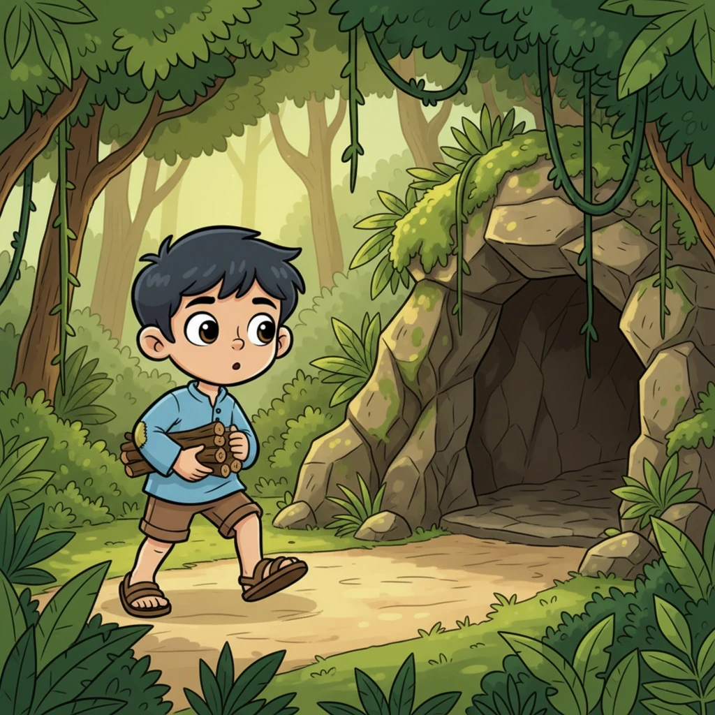 One sunny afternoon, while gathering firewood in the dense jungle, Raju stumbles upon a hidden, ancient cave entrance. Vines drape mysteriously around its opening, and a sense of wonder and slight trepidation washes over him. His curiosity pulls him forward.