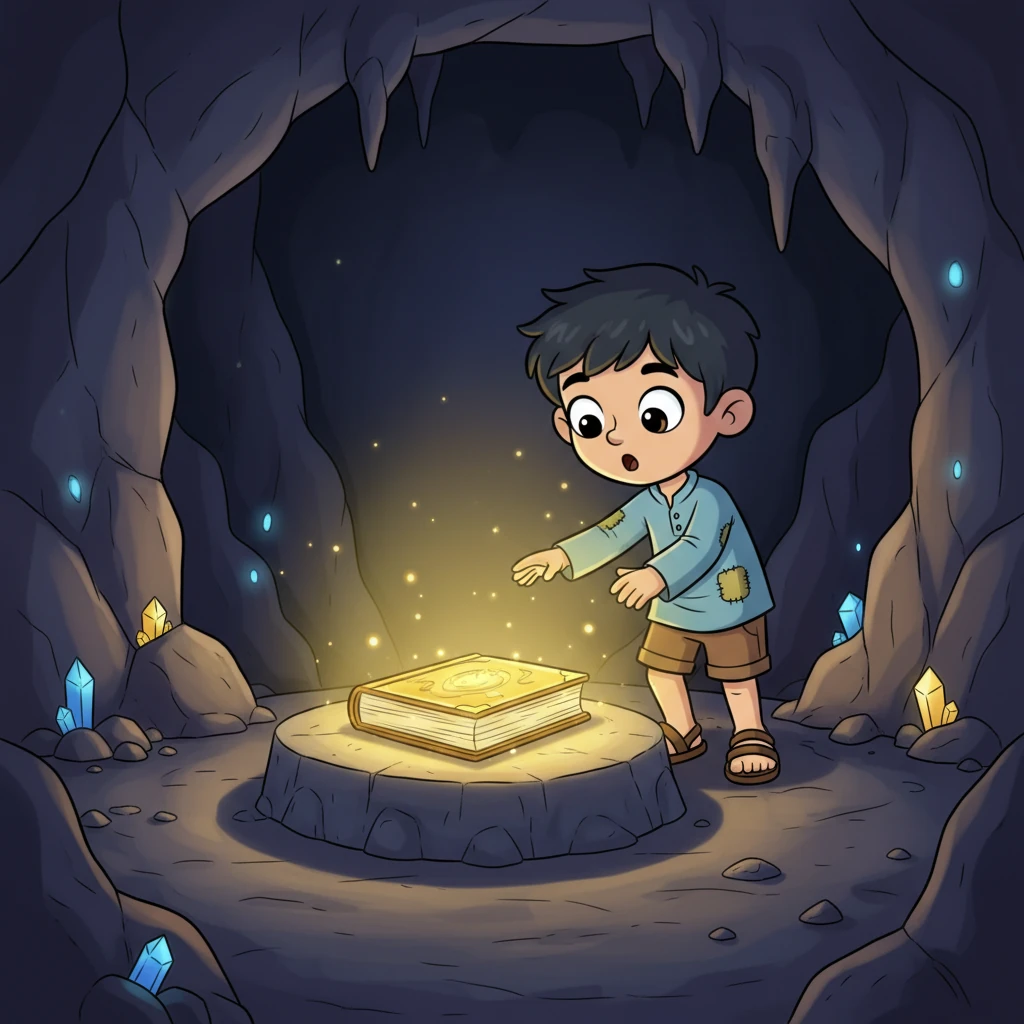 Inside the dimly lit cave, a magnificent golden book rests on a glowing pedestal, shimmering with an ethereal light. Raju's eyes widen in awe as he approaches the radiant tome, a mix of fear and excitement bubbling within him. This was unlike anything he had ever seen.