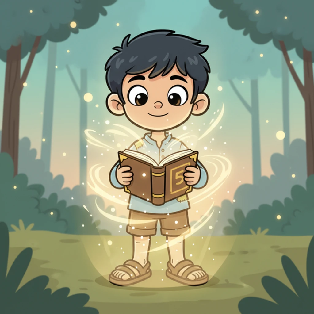With trembling hands, Raju carefully opens the magical book, and a soft, warm light envelops him. A sweet, gentle voice whispers from its pages, promising infinite knowledge if he uses it for the good of others, selflessly. Raju eagerly accepts the noble condition.