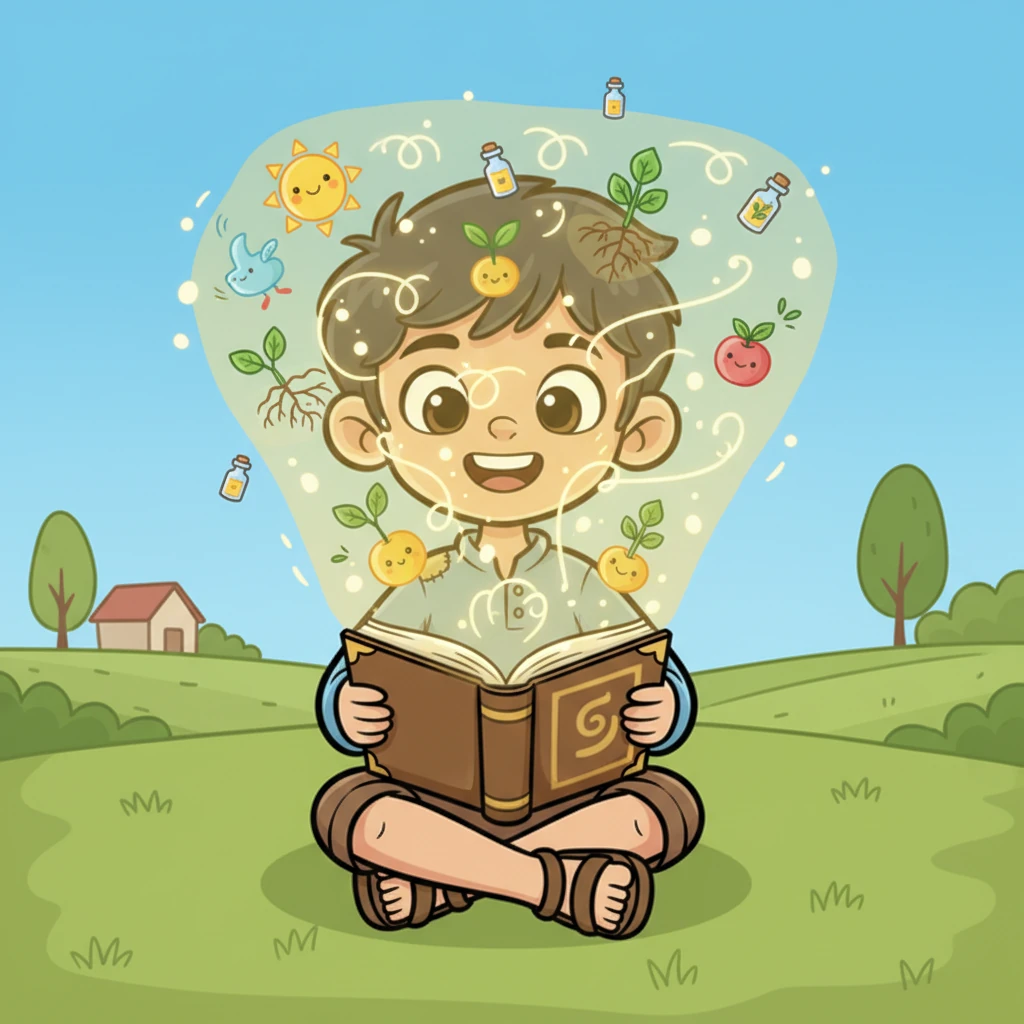 The book glows brightly as Raju pores over its pages, absorbing wisdom about advanced farming techniques and simple remedies for common ailments. Intricate diagrams and vibrant illustrations seem to dance before his eyes, filling his mind with incredible new ideas. He feels a surge of hope.