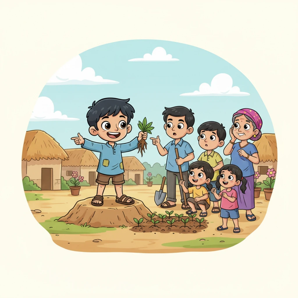 Raju, beaming with enthusiasm, shares his newfound knowledge with the bewildered but hopeful villagers. He demonstrates innovative planting methods and explains herbal cures, gesturing with animated excitement. The villagers listen intently, their faces filled with newfound optimism.