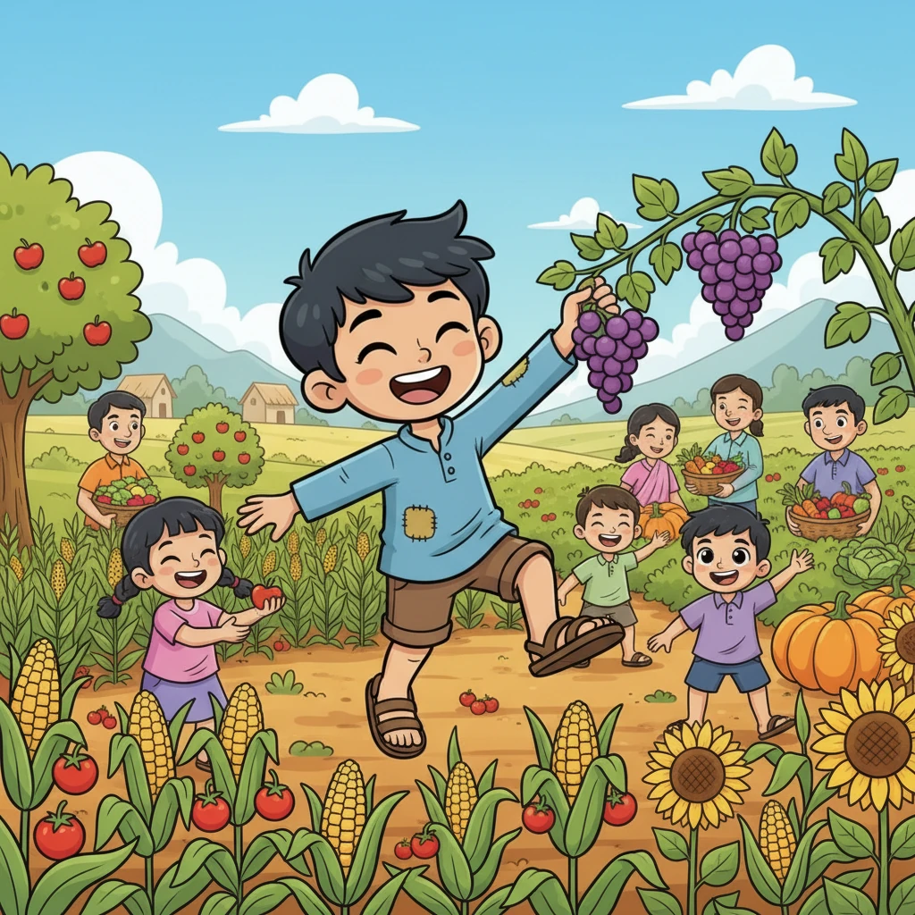 Soon, the village undergoes a joyful transformation! Barren lands burst with vibrant green crops, overflowing with bountiful harvests. Happy villagers celebrate, no longer plagued by hunger or sickness, as children play freely in the thriving fields.