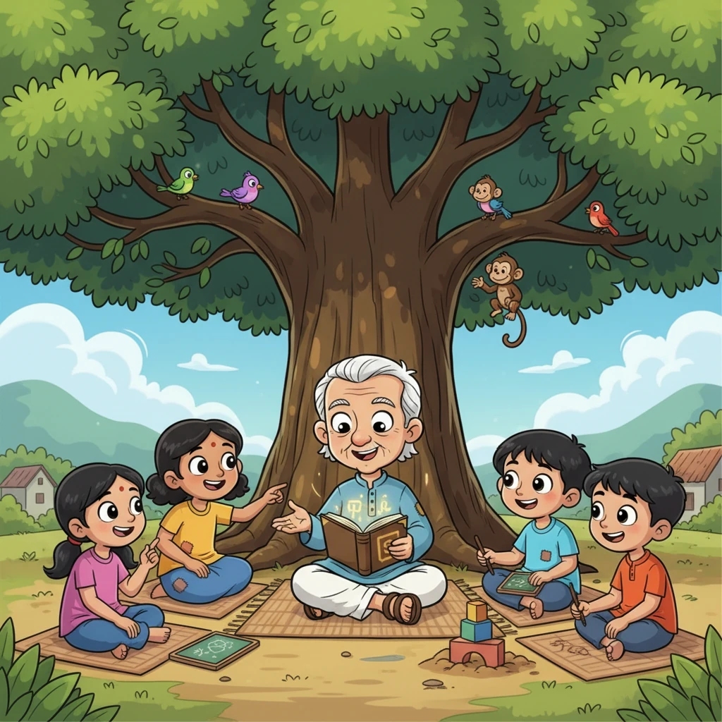 Raju, now a respected elder, opens a cheerful, free school where eager children gather under a large tree. He patiently teaches them reading, writing, and practical skills, using the book's wisdom to light up their young minds. Laughter and learning fill the air.