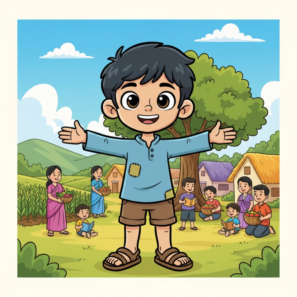 Years later, Raju stands proudly in his prosperous village, surrounded by the vibrant community he helped build. The magic book, though perhaps not physically present, is embodied in the thriving fields, healthy families, and educated children. Raju's legacy of selfless service shines brightly, proving that true magic is found in hard work and a kind heart.