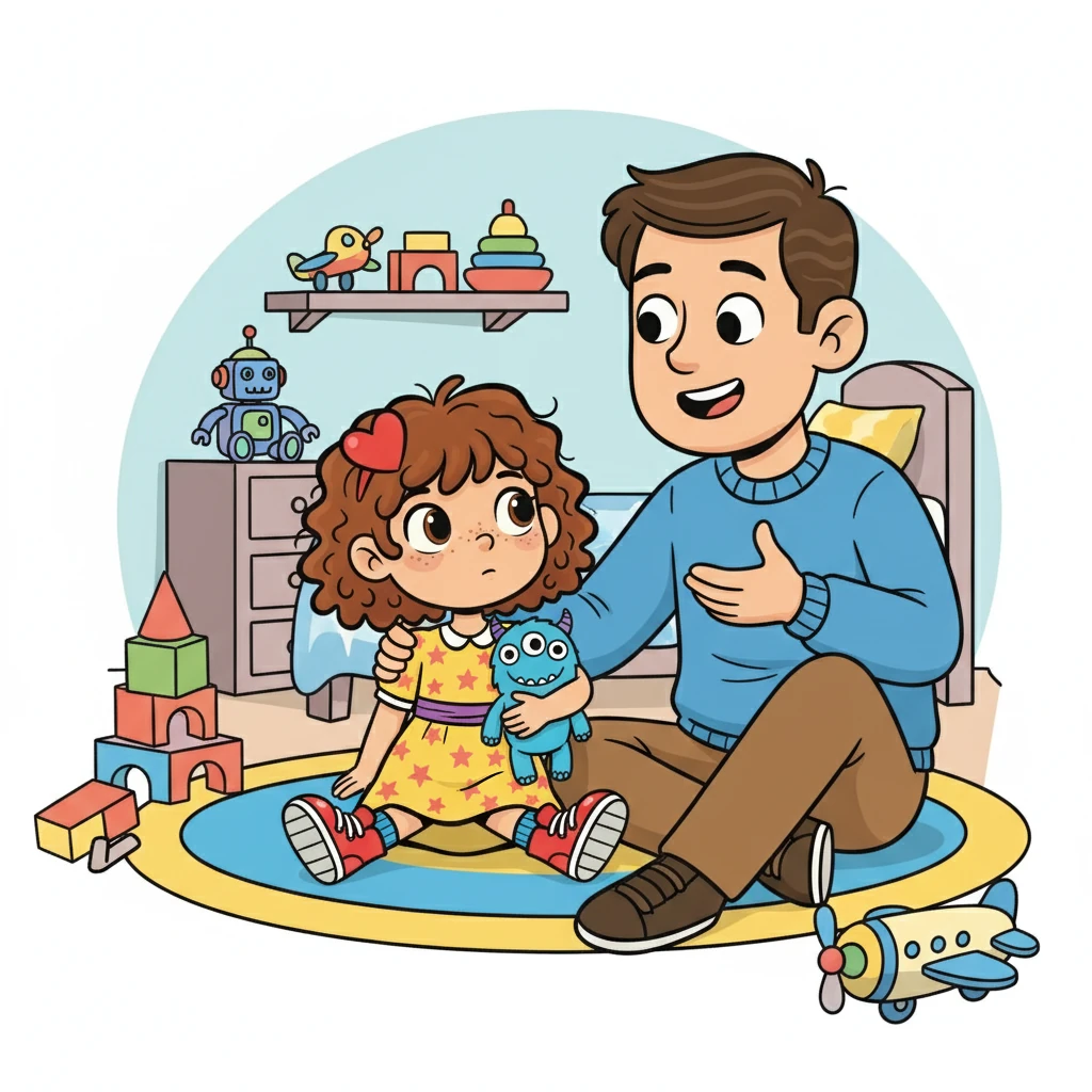 Um dia, o papai de Sofia percebeu sua tristeza e sentou-se ao lado dela, no quarto cheio de brinquedos. Ele explicou que sentir medo é normal e compartilhou suas próprias experiências. Juntos, eles decidiram enfrentar o medo.