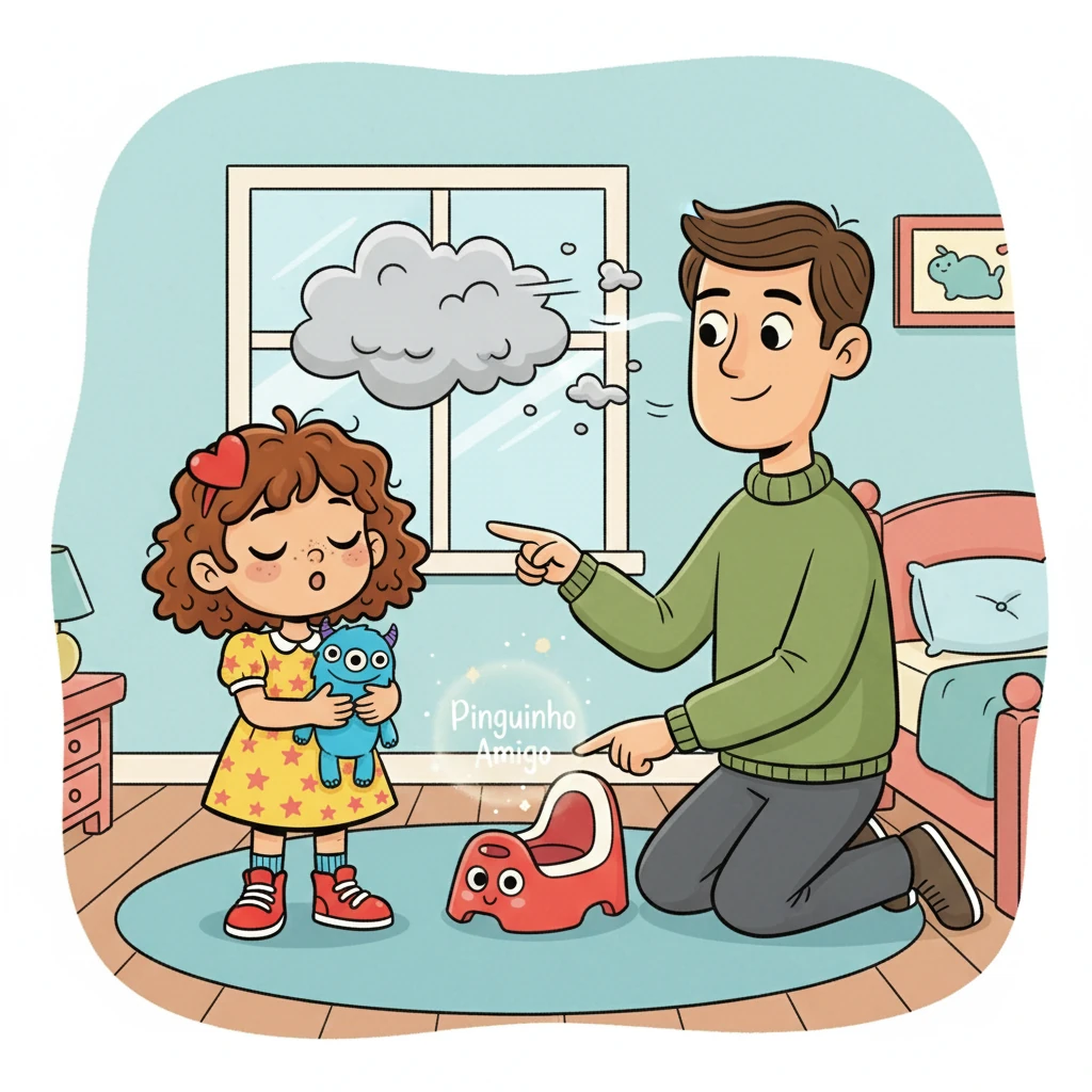 O papai propôs que eles tratassem o piniquinho como um amigo, dando-lhe o nome de 'Pinguinho Amigo'. Ele explicou que o medo é como uma nuvem, e que respirar fundo ajuda a fazê-la ir embora. Sofia começou a se sentir mais calma.