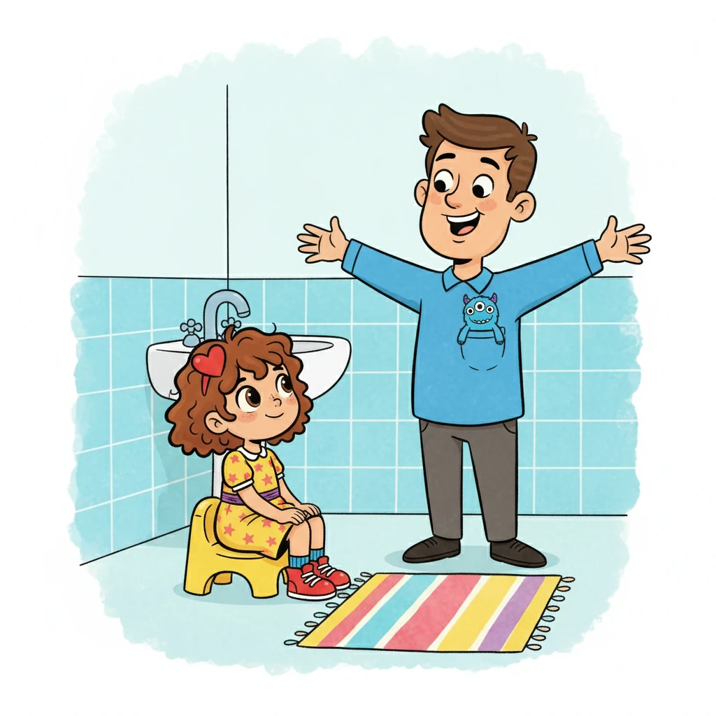 No dia seguinte, chegou a hora de tentar fazer xixi de verdade. O papai incentivou-a, lembrando que não havia problema em tentar de novo. Ele cantou uma musiquinha engraçada para animá-la.