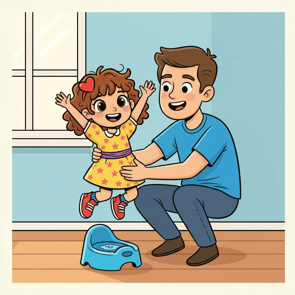 Com uma risada, Sofia relaxou e... plim! O xixi foi para o piniquinho. Ela pulou de alegria e abraçou o papai, sentindo-se vitoriosa. A confiança e o orgulho brilhavam em seus olhos.