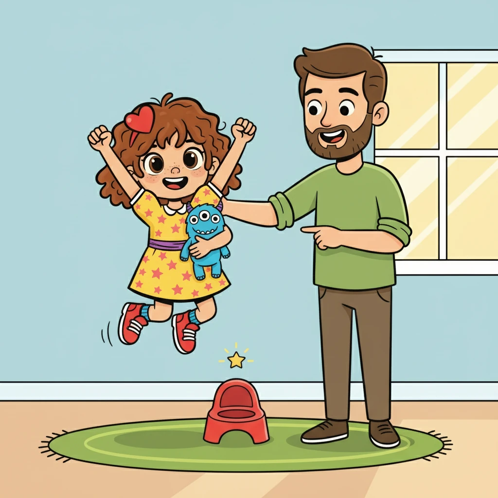 O papai a parabenizou por sua coragem, explicando que, juntos, o medo desaparece. Ele a incentivou a lembrar-se dessa vitória sempre que usasse o piniquinho. A relação deles se fortaleceu ainda mais.