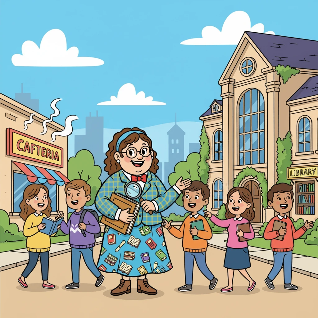 During a break, Anya led her students on a tour of the college grounds. They walked past the bustling cafeteria and the library, discussing their favorite books. The students practiced their English, describing the sights and sounds around them.