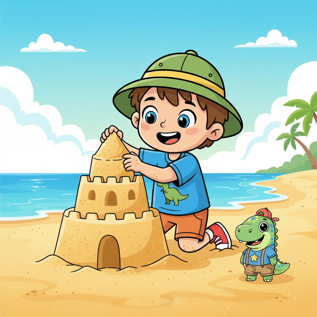 Маленький Максим весело играет на солнышке, строя высокую башню из песка. Рядом с ним лежит его любимый игрушечный динозавр, наблюдая за игрой.