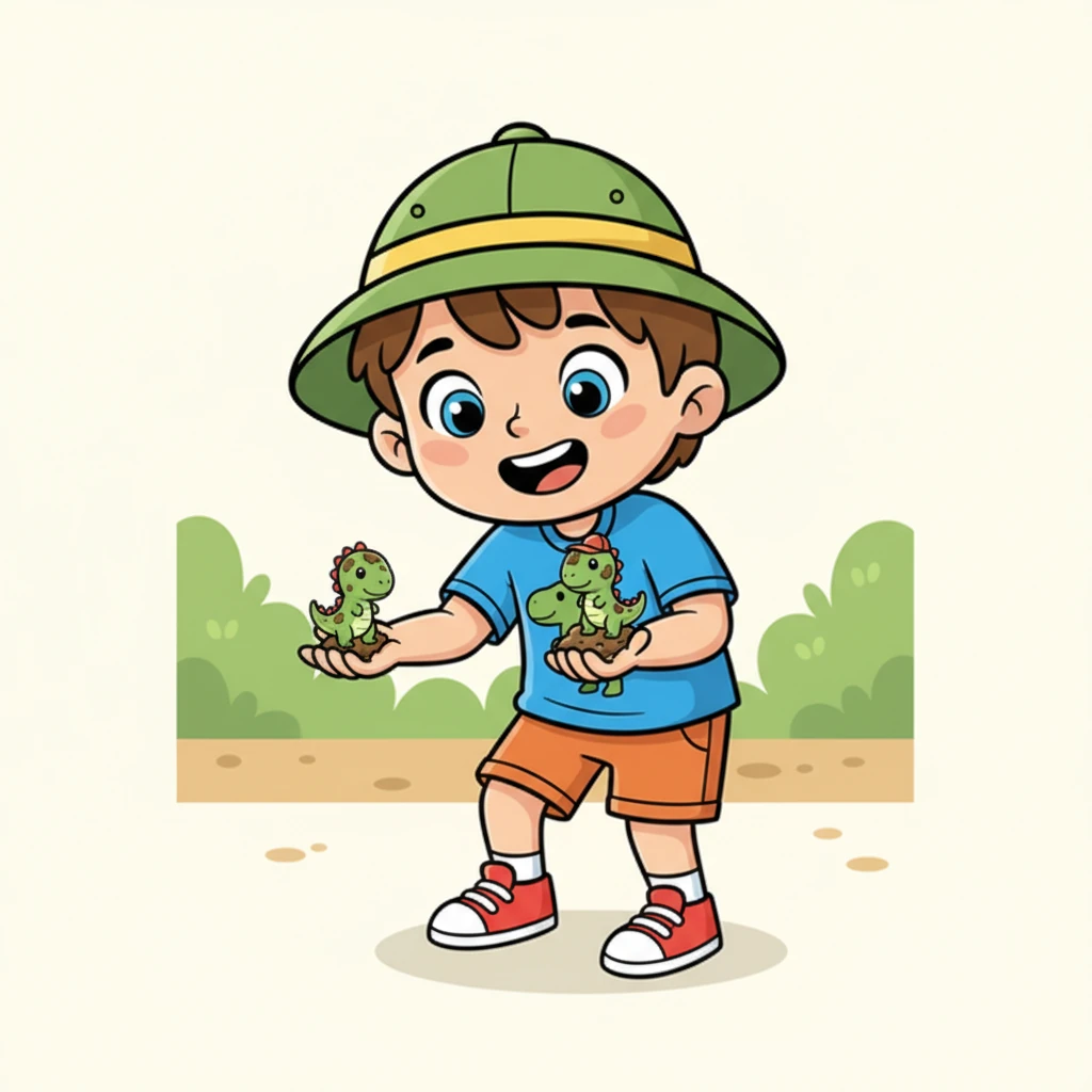 Максим закончил играть и смотрит на свои руки. На его ладошках появились крошечные, смешные, пушистые комочки — это грязные динозаврики!