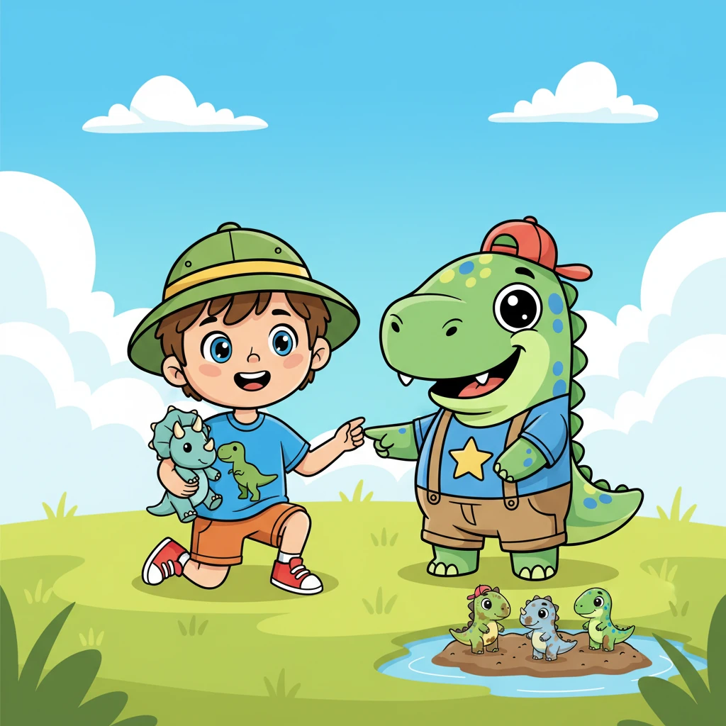 Вдруг появляется его лучший друг — большой, добрый Зеленый Динозавр, который улыбается Максиму. Он мягко касается лапы Максима, показывая на грязных динозавриков.