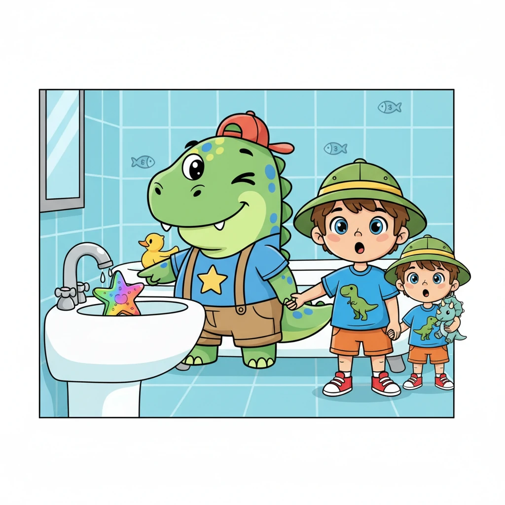 Зеленый Динозавр подмигивает и ведет Максима к умывальнику. Он показывает на яркое мыло и кран с водой, будто говоря: «Смотри, Максим, это наш секрет!»