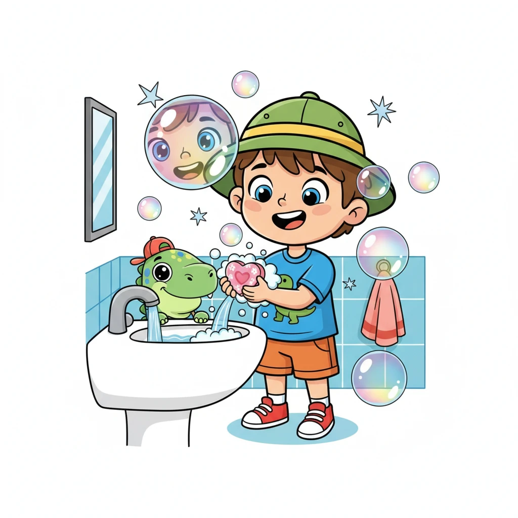 Максим берет мыло, и оно такое ароматное! Он начинает намыливать ручки, и вокруг появляются огромные, переливающиеся всеми цветами радуги мыльные пузыри, которые весело лопаются.